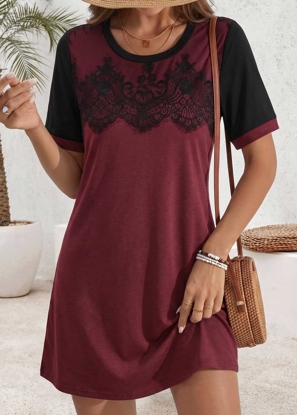 Wine Red Short Tummy Coverage Round Neck Dress | picture 