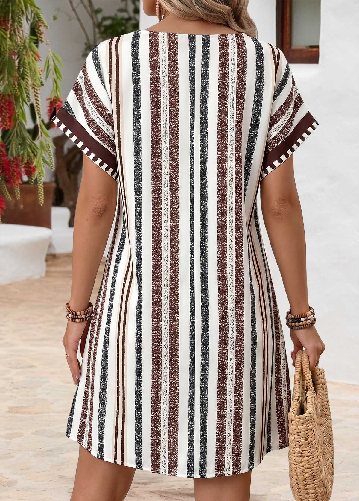 Multi Color Striped Short Tummy Coverage Split Neck Dress | picture 