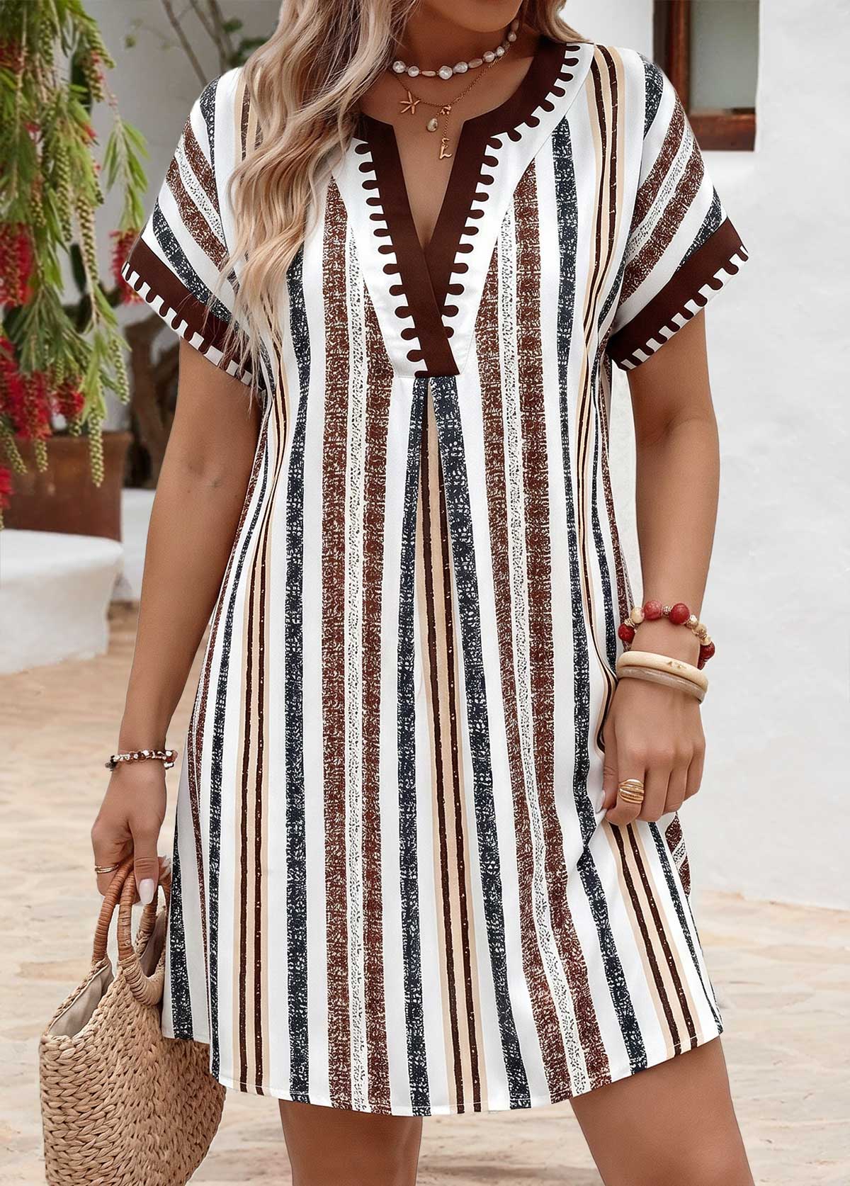 Multi Color Striped Short Tummy Coverage Split Neck Dress | picture 