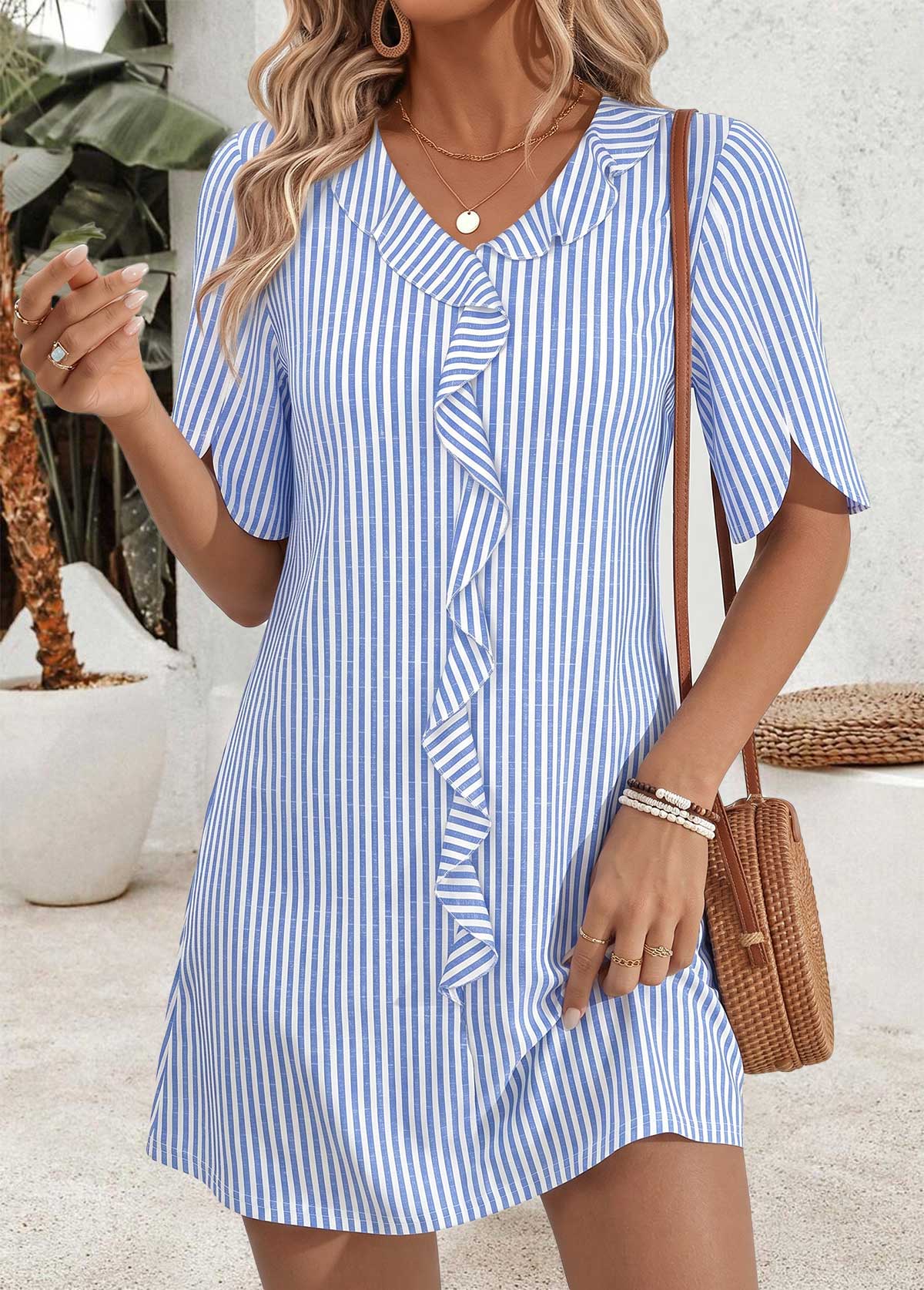 Light Blue Striped Short Frill V Neck Dress | picture 