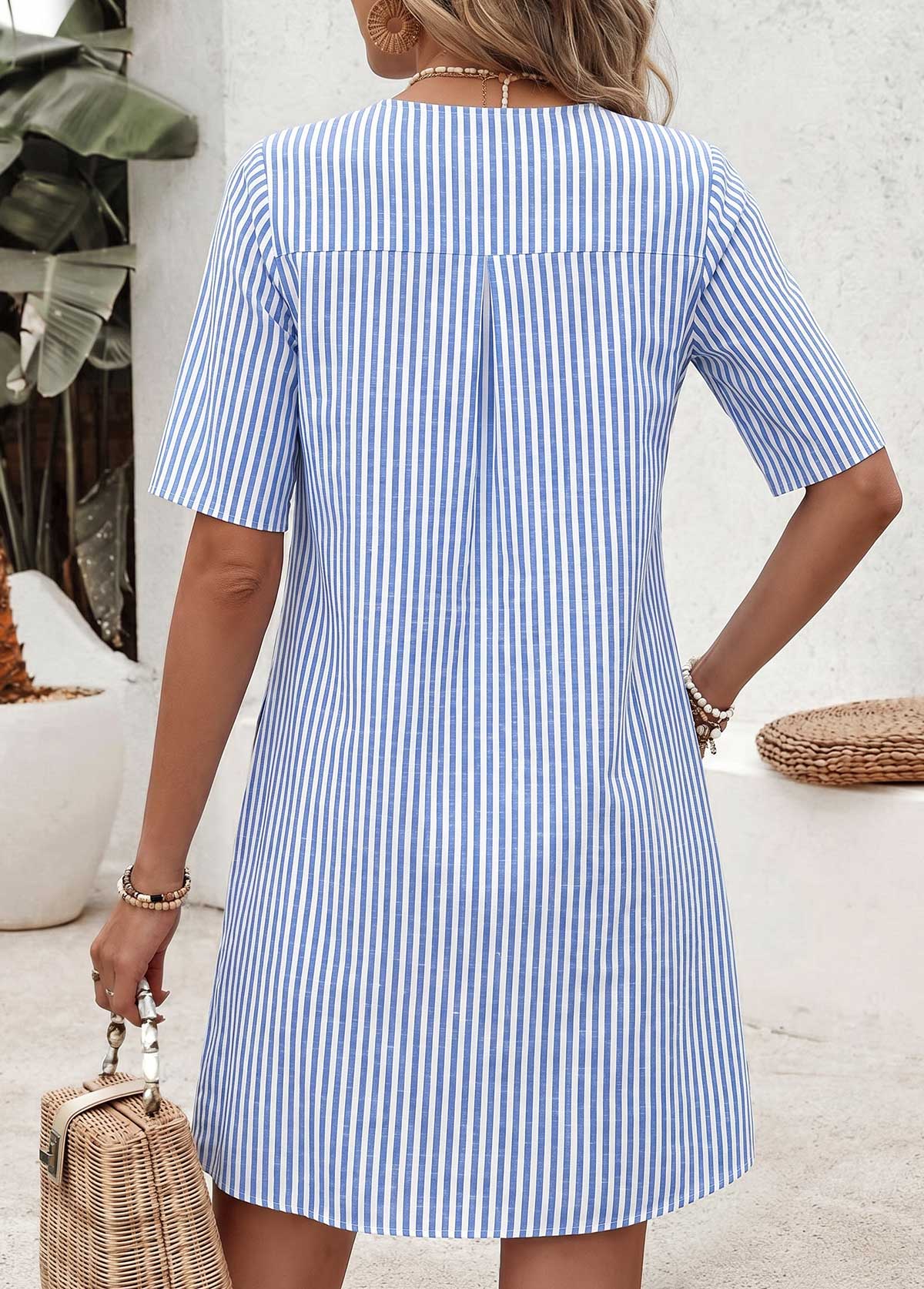 Light Blue Striped Short Frill V Neck Dress | picture 