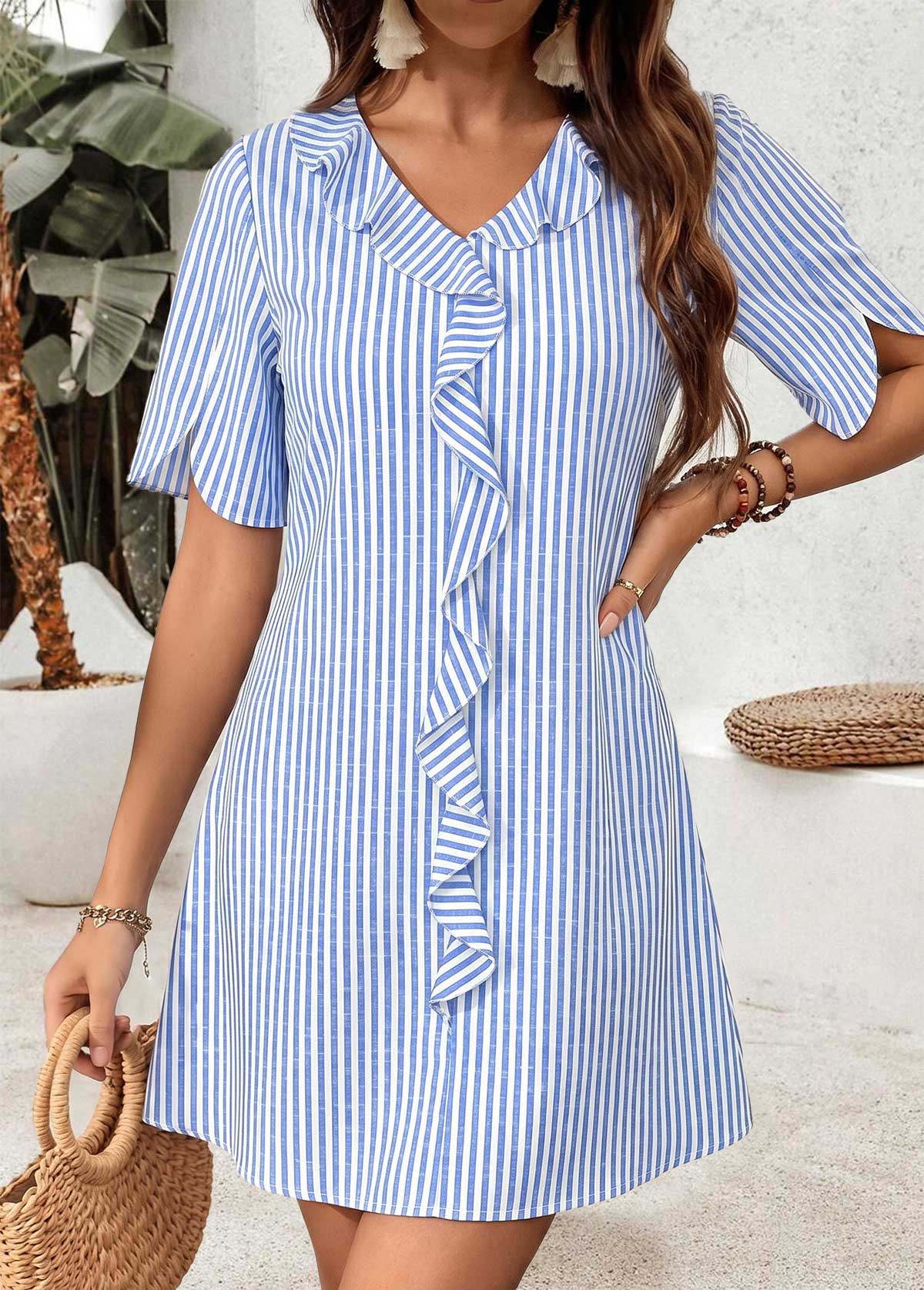 Light Blue Striped Short Frill V Neck Dress | picture 
