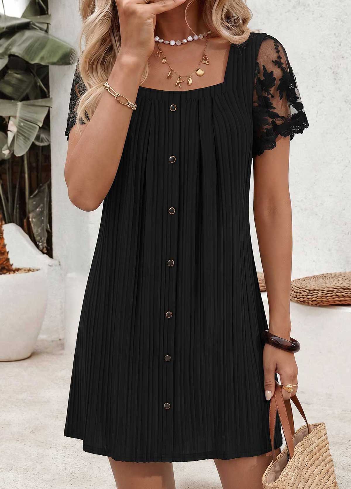 Black Short Patchwork Square Neck Dress | picture 