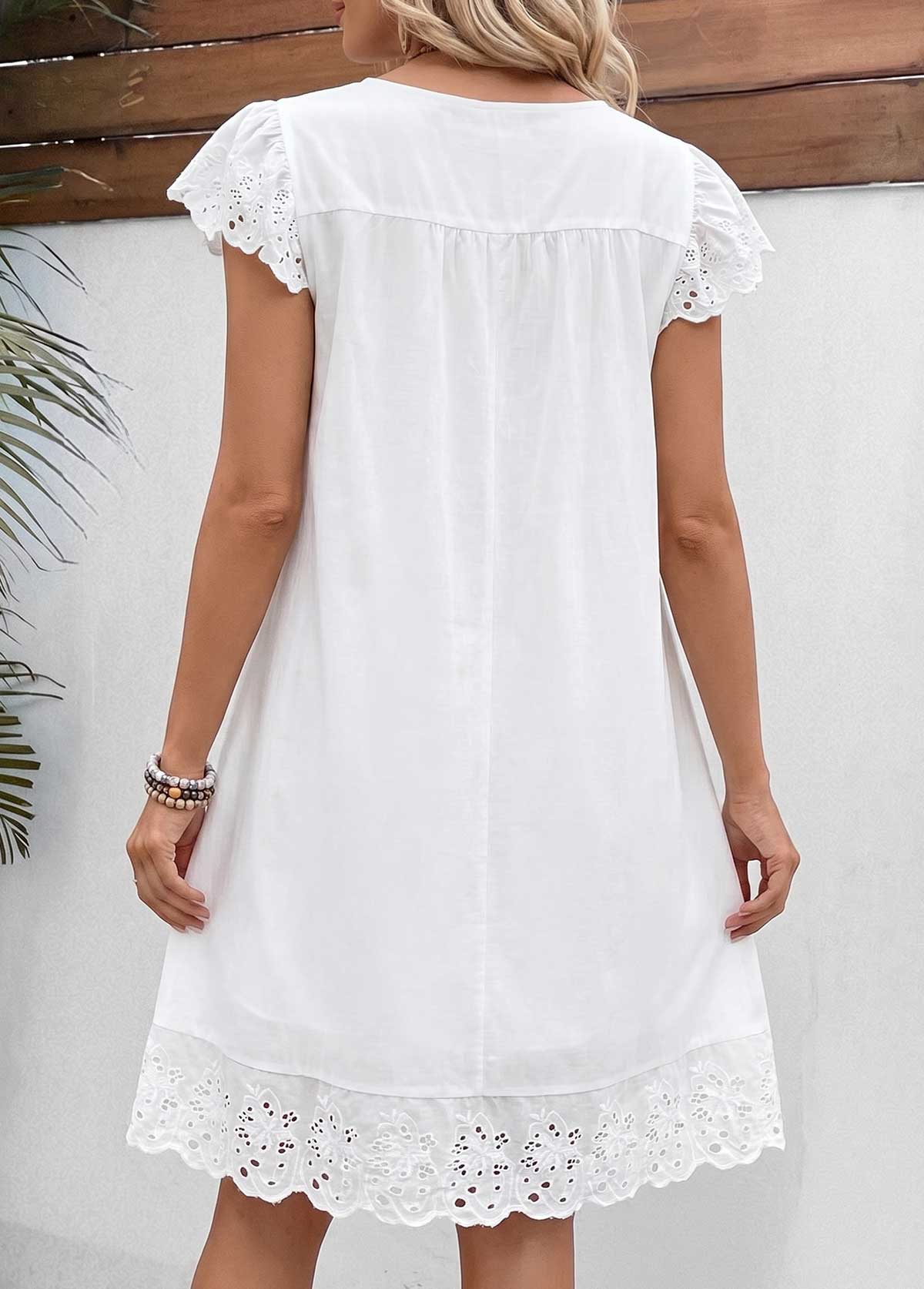 White Floral Print Short Patchwork Round Neck Dress | picture 
