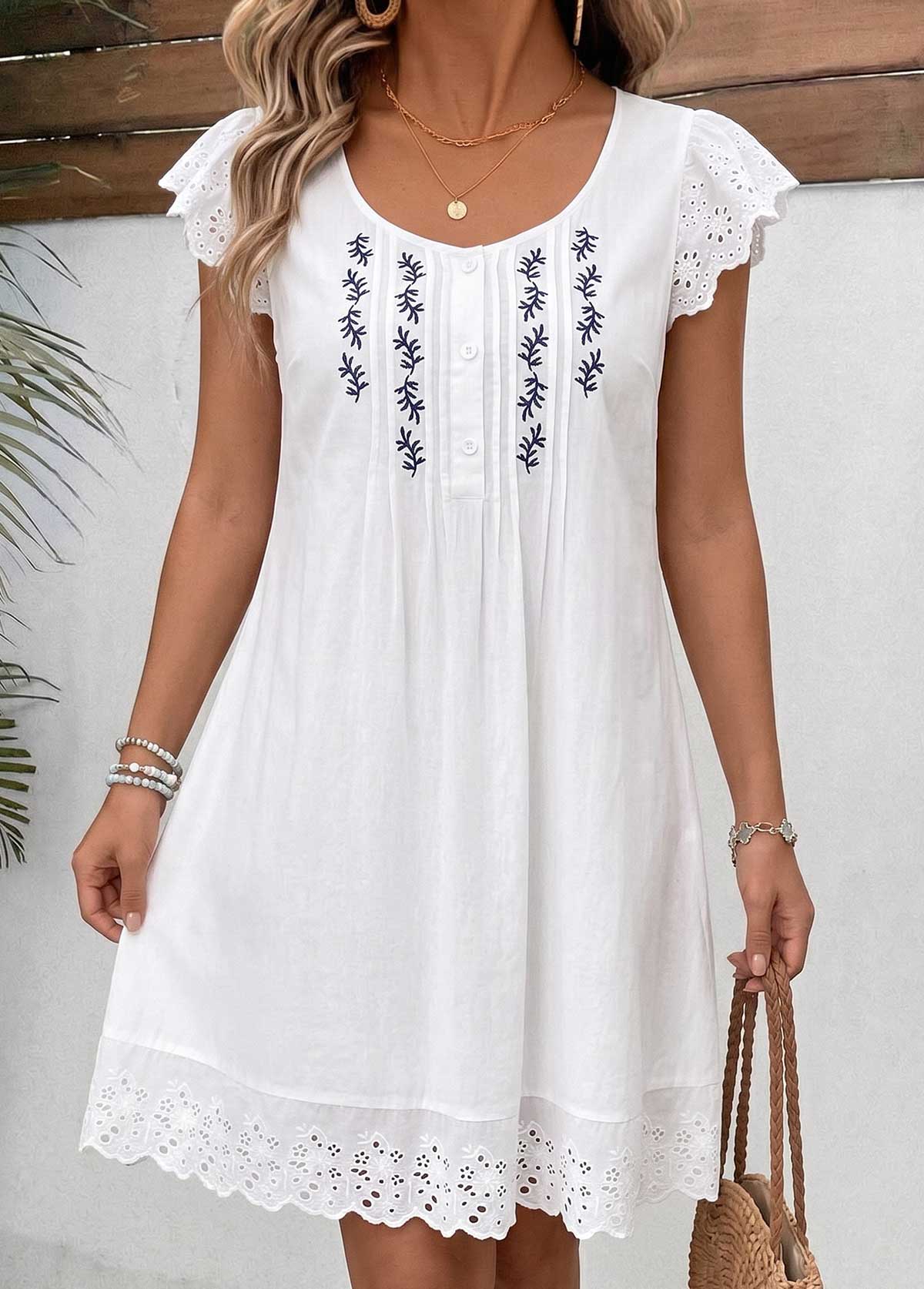 White Floral Print Short Patchwork Round Neck Dress | picture 