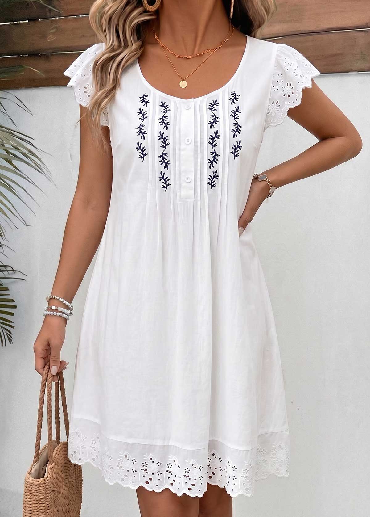 White Floral Print Short Patchwork Round Neck Dress | picture 