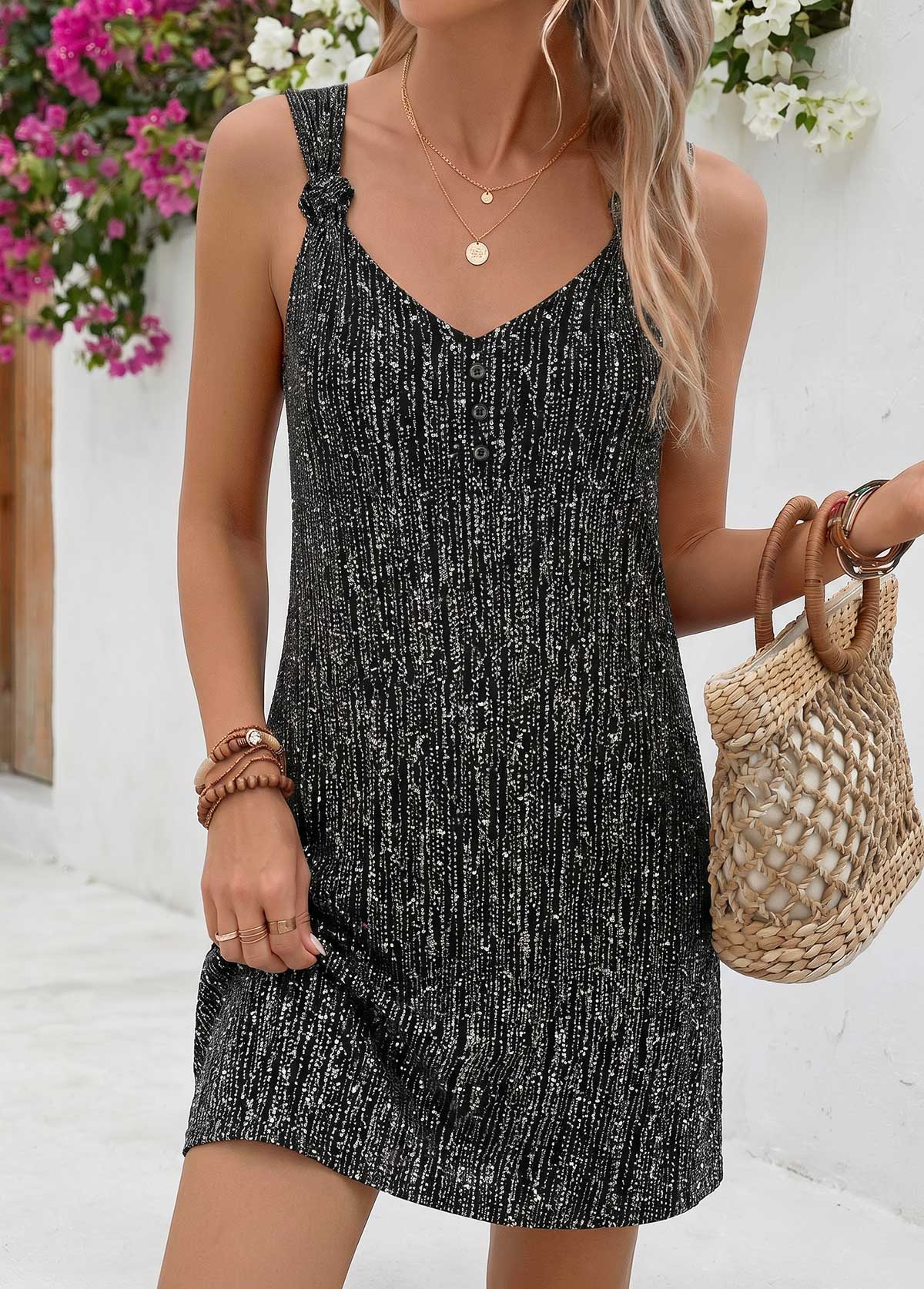 Black Short Tie Sleeveless V Neck Dress | picture 