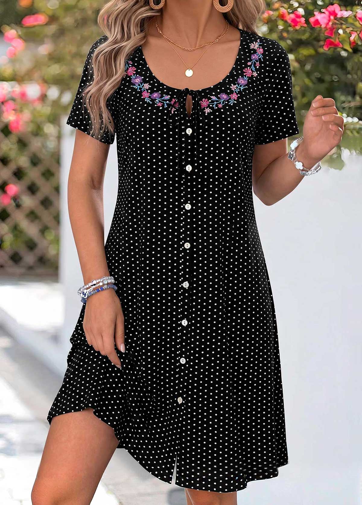 Black Polka Dot Short Tummy Coverage Round Neck Dress | picture 