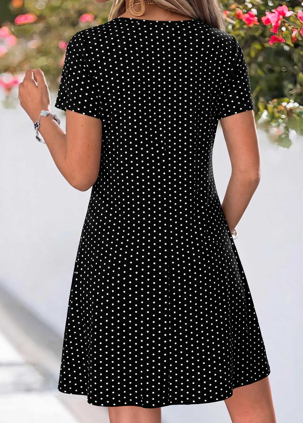 Black Polka Dot Short Tummy Coverage Round Neck Dress | picture 