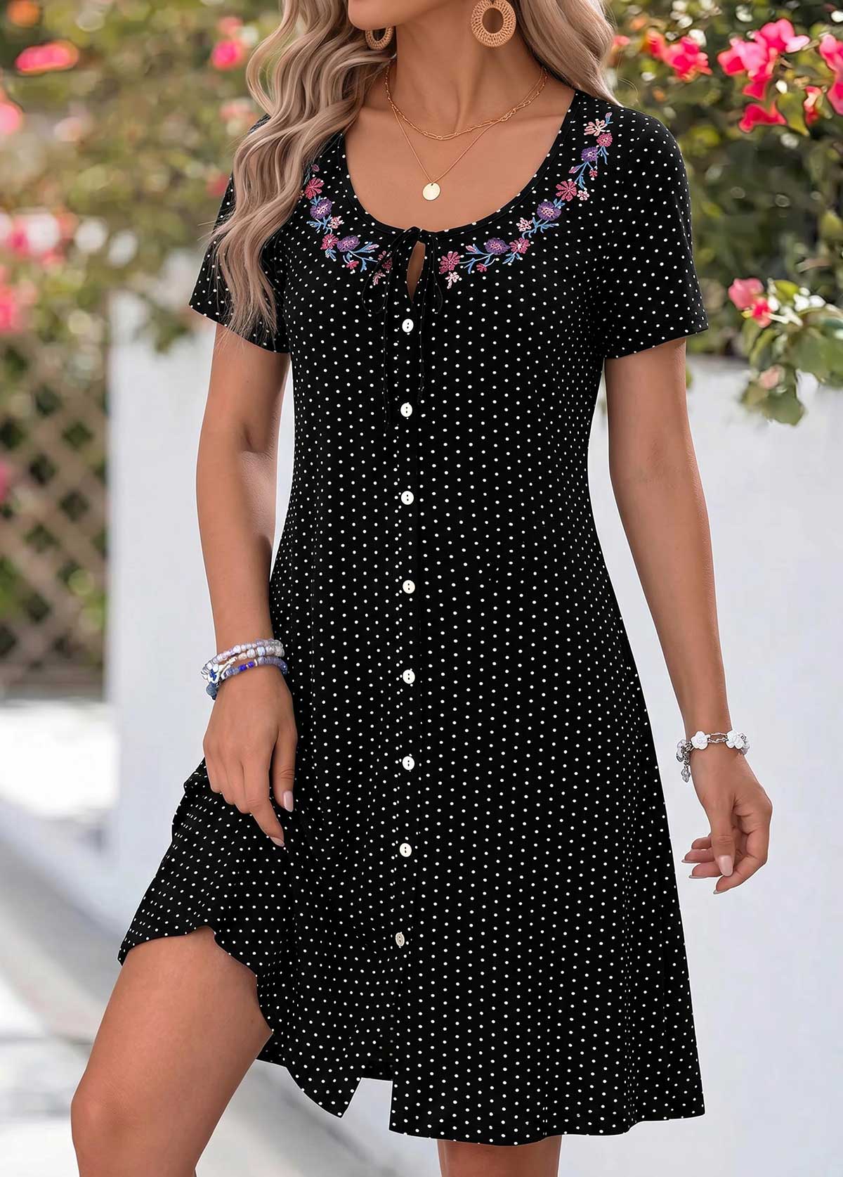 Black Polka Dot Short Tummy Coverage Round Neck Dress | picture 