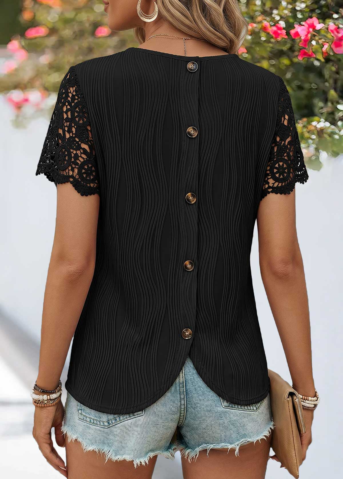 Black Patchwork Short Sleeve Round Neck T Shirt | picture 