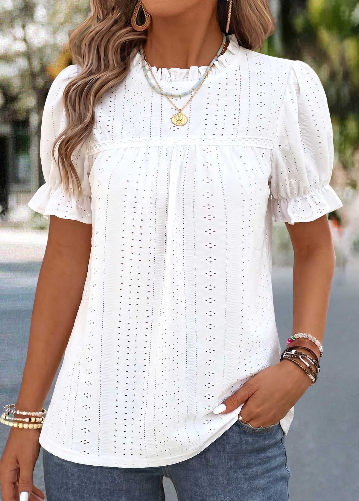 Raw White Frill Short Sleeve Round Neck Blouse | picture 