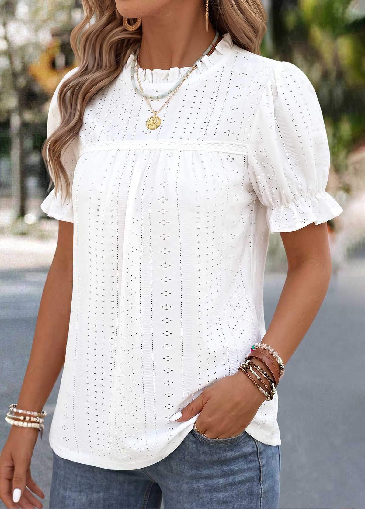 Raw White Frill Short Sleeve Round Neck Blouse | picture 
