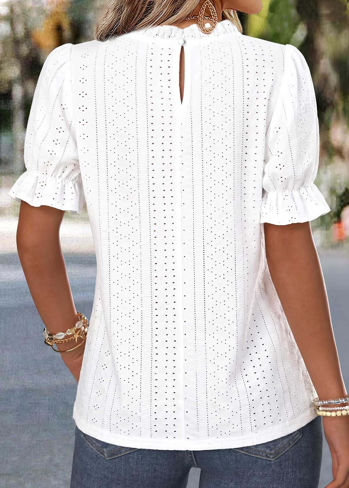 Raw White Frill Short Sleeve Round Neck Blouse | picture 