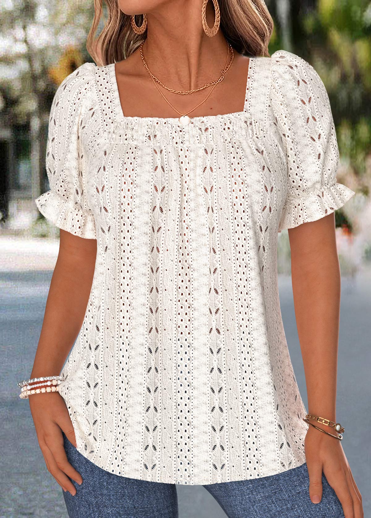 Beige Patchwork Short Sleeve Square Neck Blouse | picture 