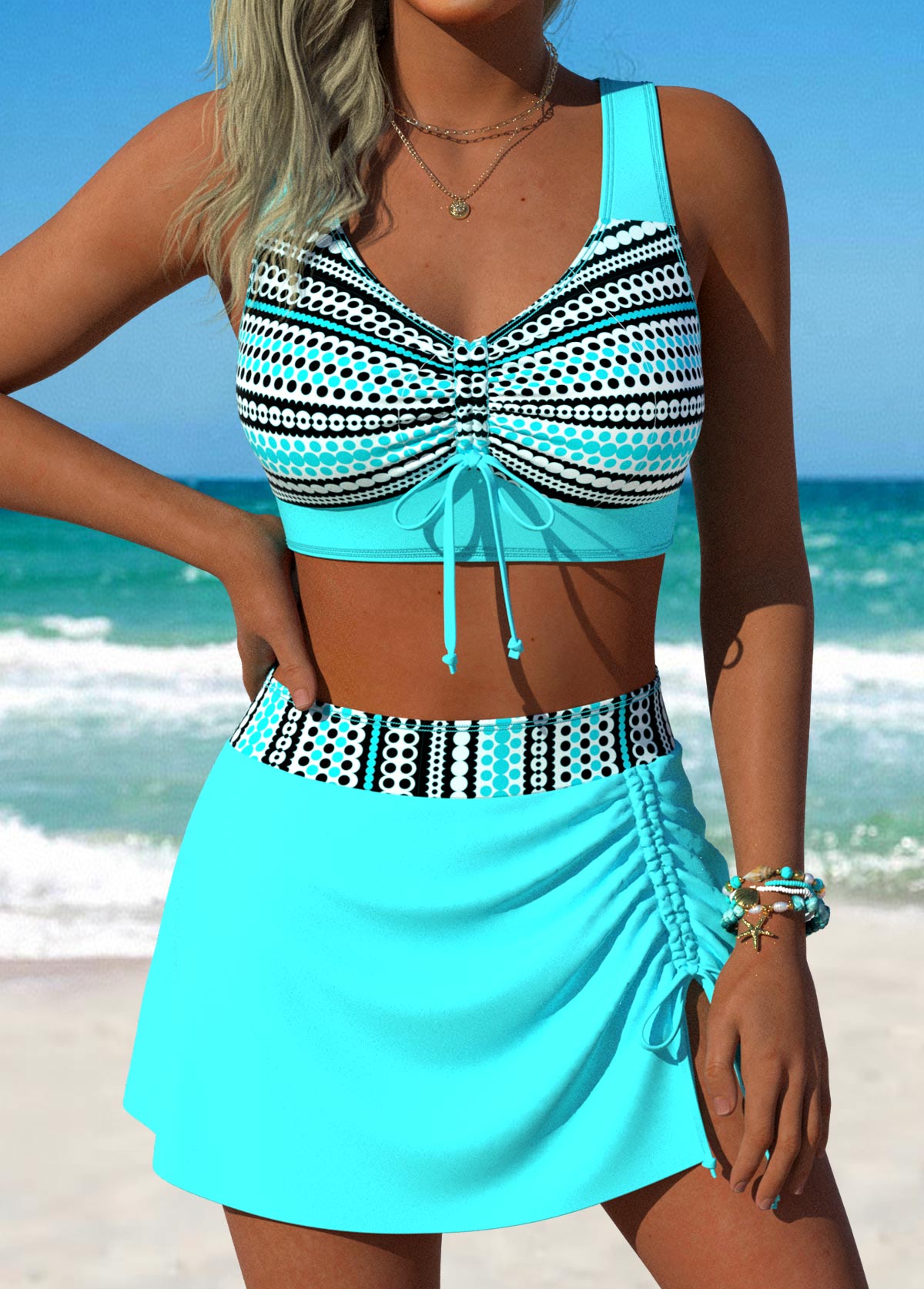 Modlily Cyan Mid Waisted Front Slit Hem Bikini Set - S