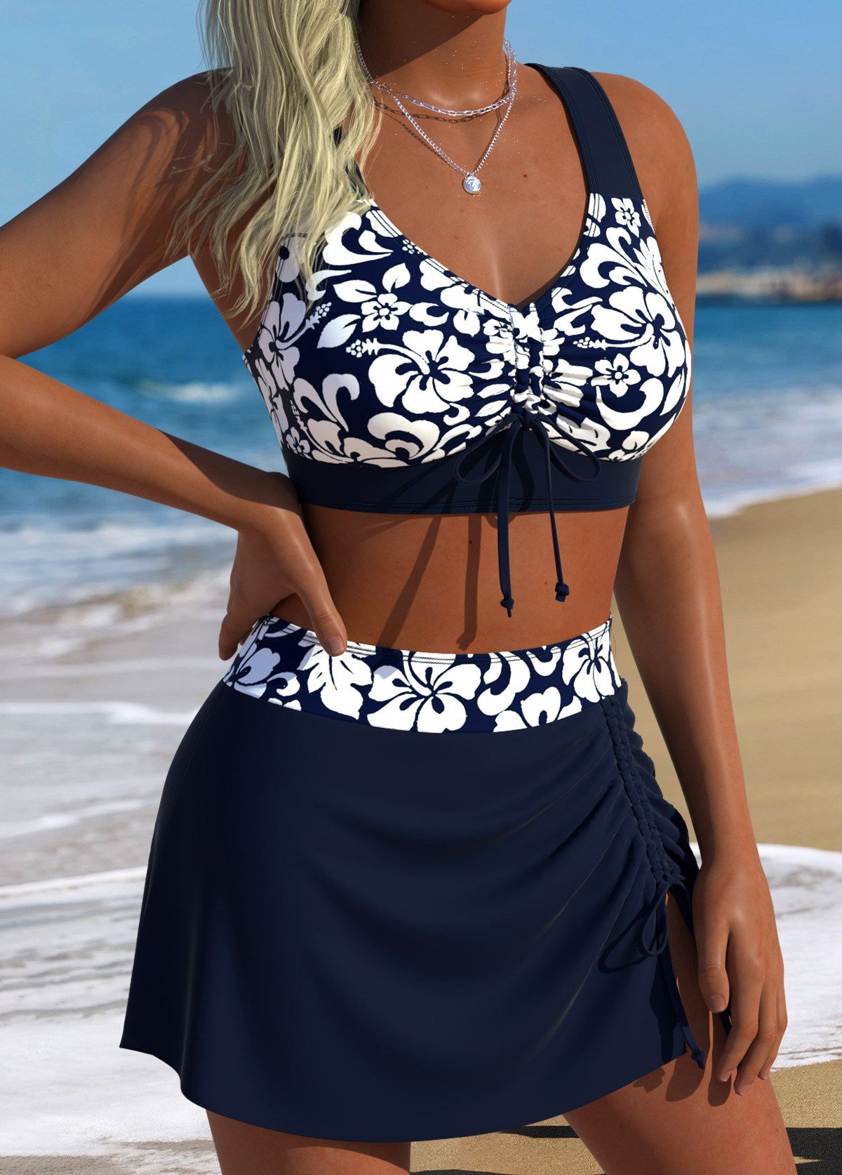 Navy Mid Waisted Tropical Plants Print Bikini Set | picture 