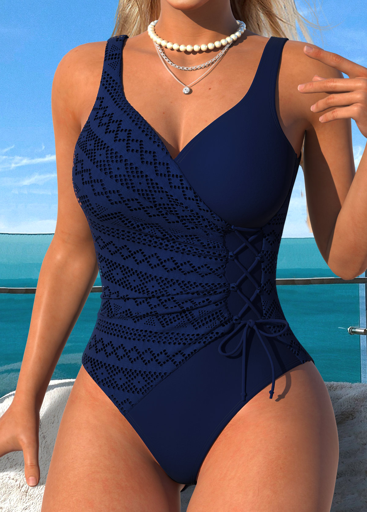 Navy Lace Up One Piece Swimwear | picture 