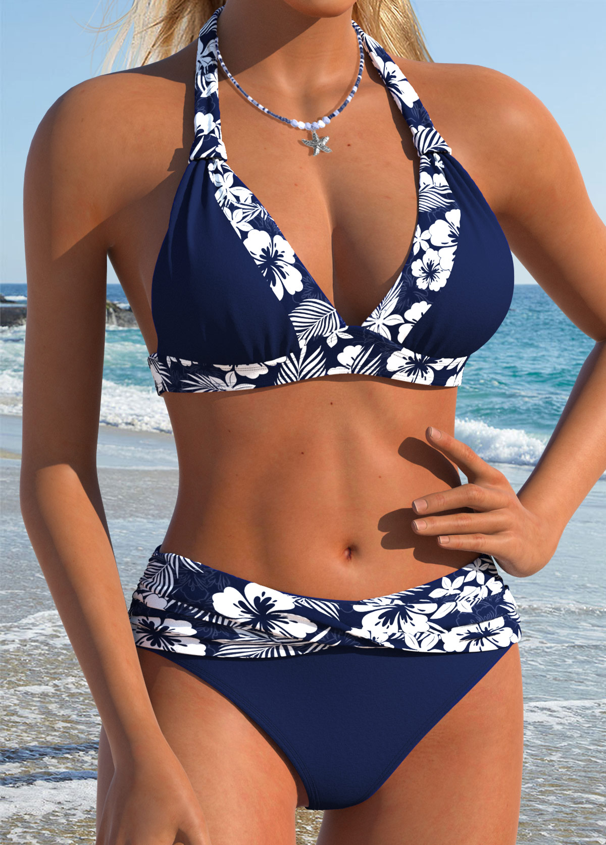 Navy Mid Waisted Patchwork Floral Print Bikini Set | picture 3
