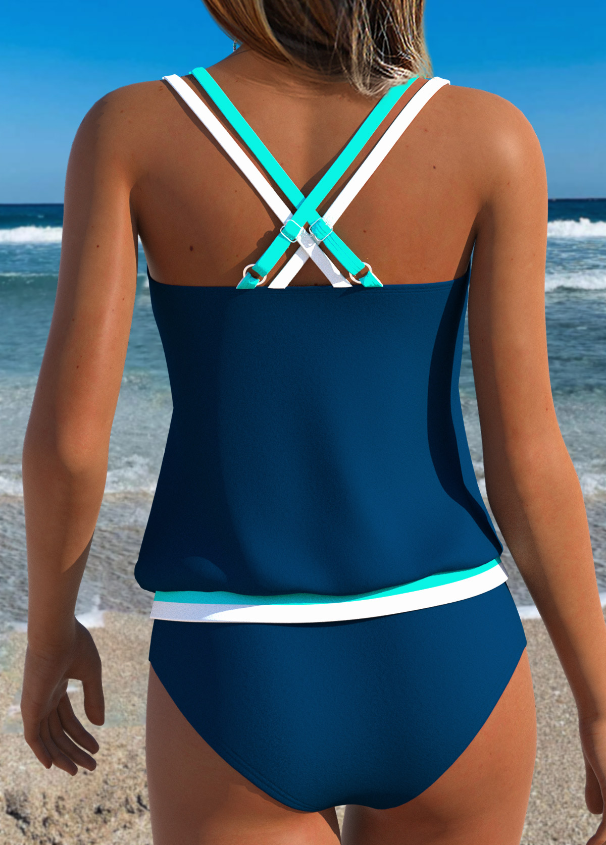 Dark Blue Mid Waisted Drawstring Tankini Set | picture 