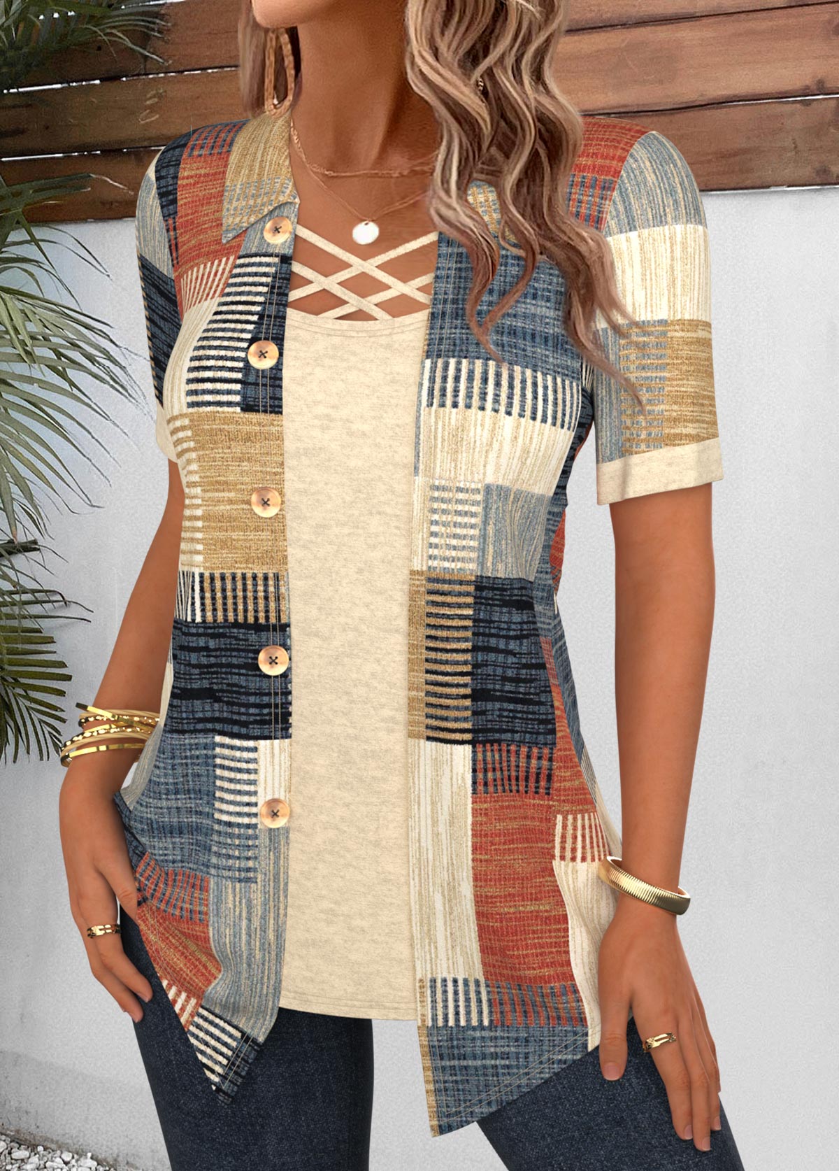 Multi Color Geometric Print Fake Two Piece Twinset | picture 