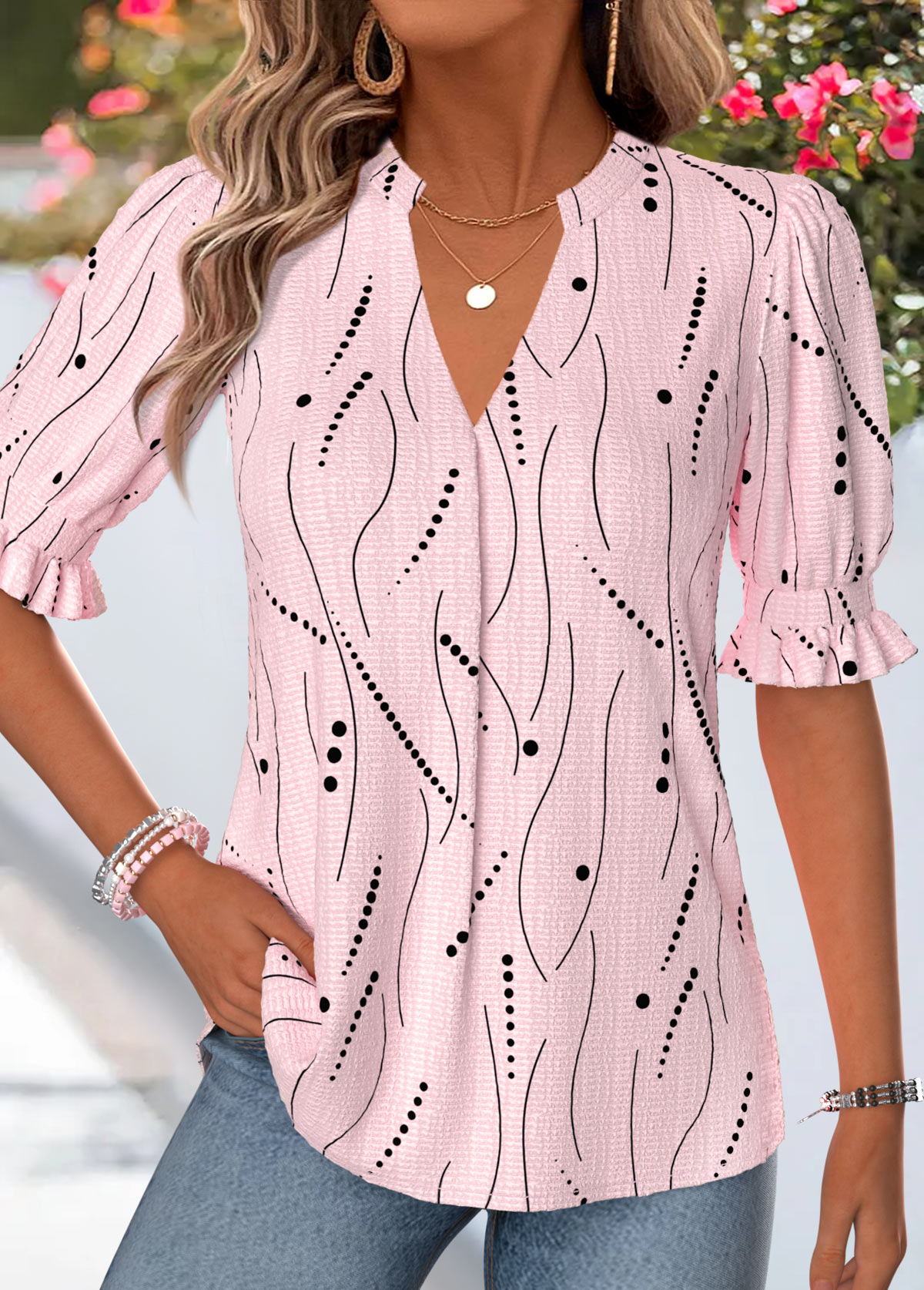 Light Pink Geometric Print Shirred Half Sleeve Blouse | picture 