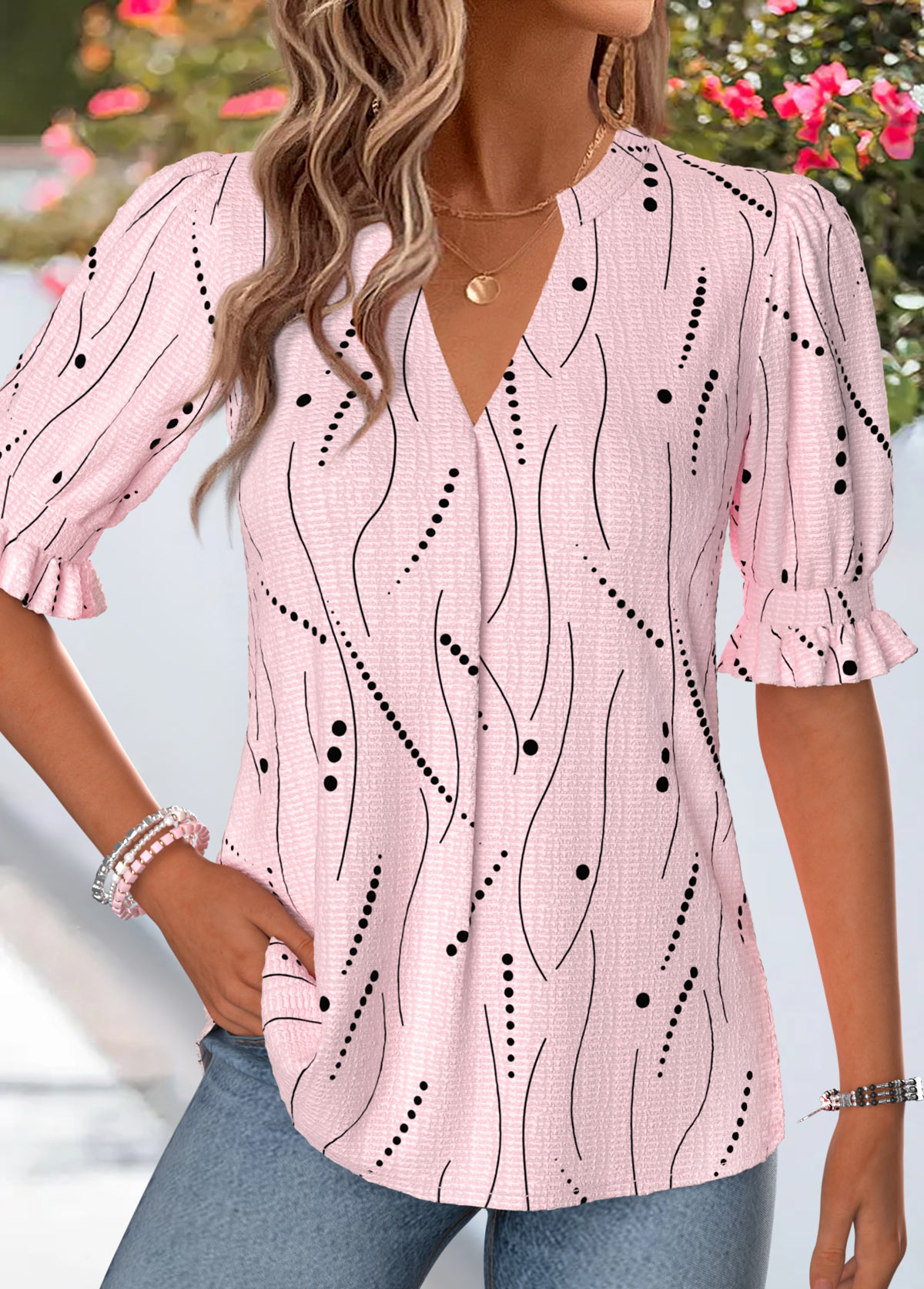 Light Pink Geometric Print Shirred Half Sleeve Blouse | picture 