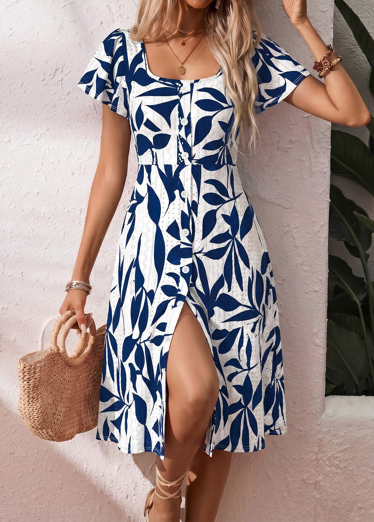 White Leaf Print Tummy Coverage Short Sleeve Dress | picture 