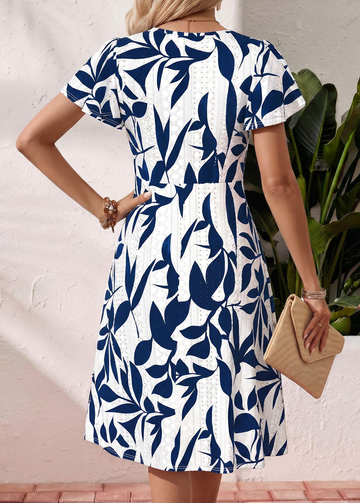 White Leaf Print Tummy Coverage Short Sleeve Dress | picture 