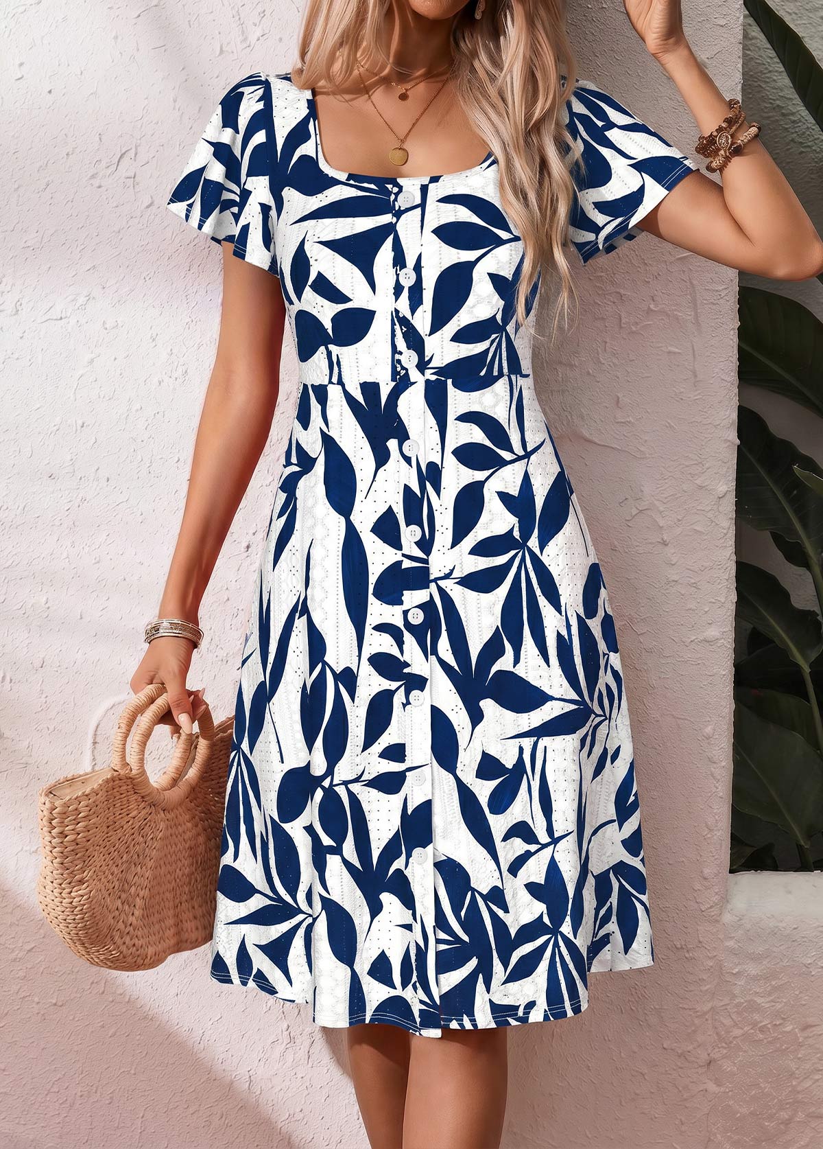 White Leaf Print Tummy Coverage Short Sleeve Dress | picture 