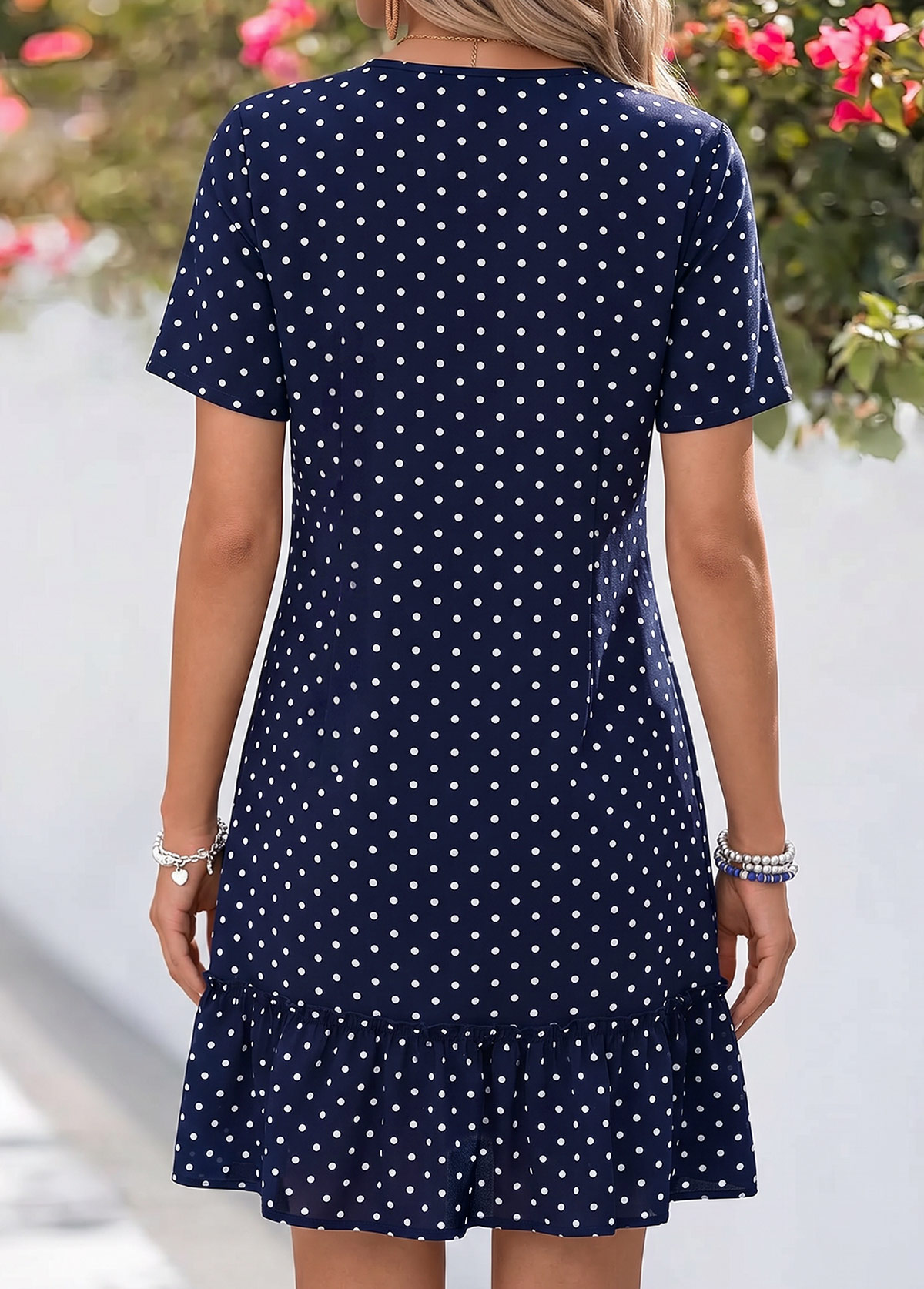 Navy Polka Dot Short Patchwork V Neck Dress | picture 