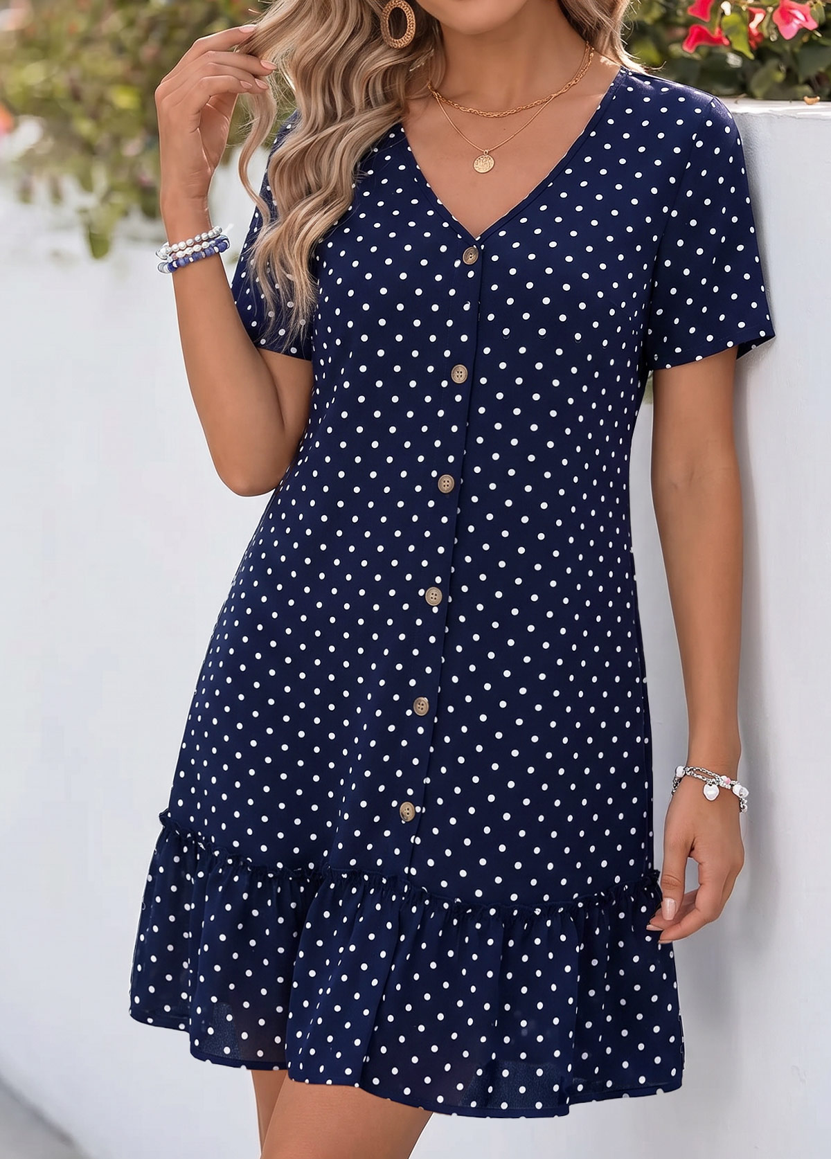 Navy Polka Dot Short Patchwork V Neck Dress | picture 