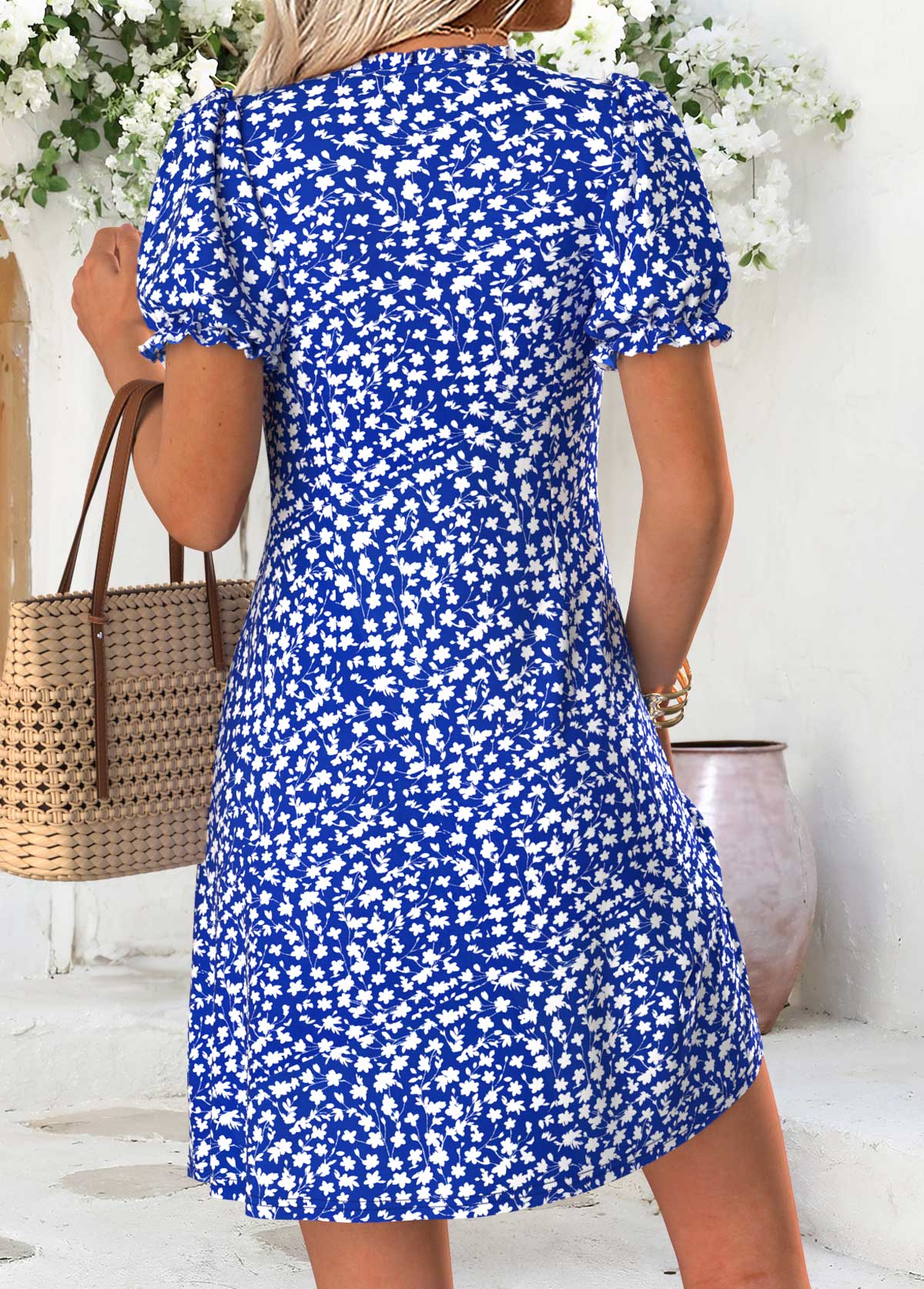 Royal Blue Ditsy Floral Print Short Tuck Stitch Dress | picture 