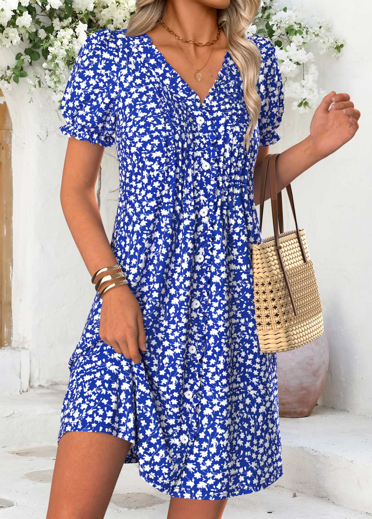 Royal Blue Ditsy Floral Print Short Tuck Stitch Dress | picture 