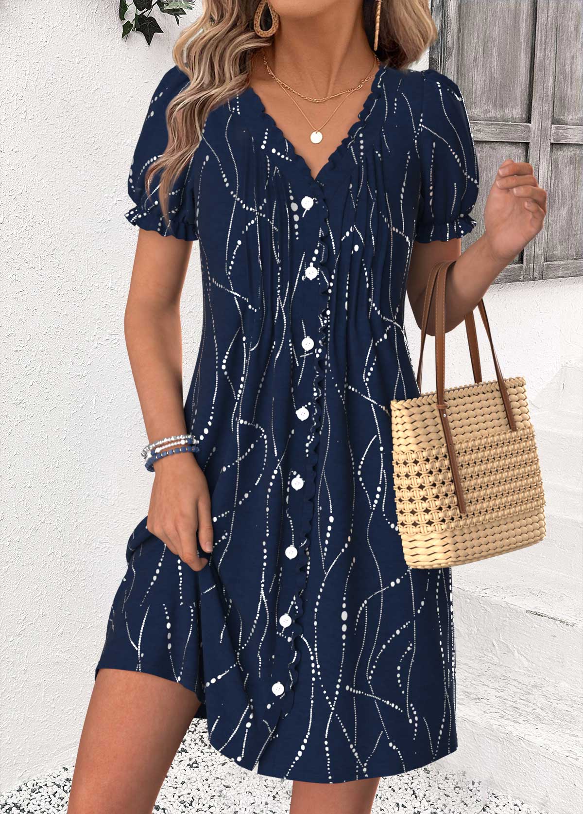 Navy Geometric Print Short Tuck Stitch V Neck Dress | picture 