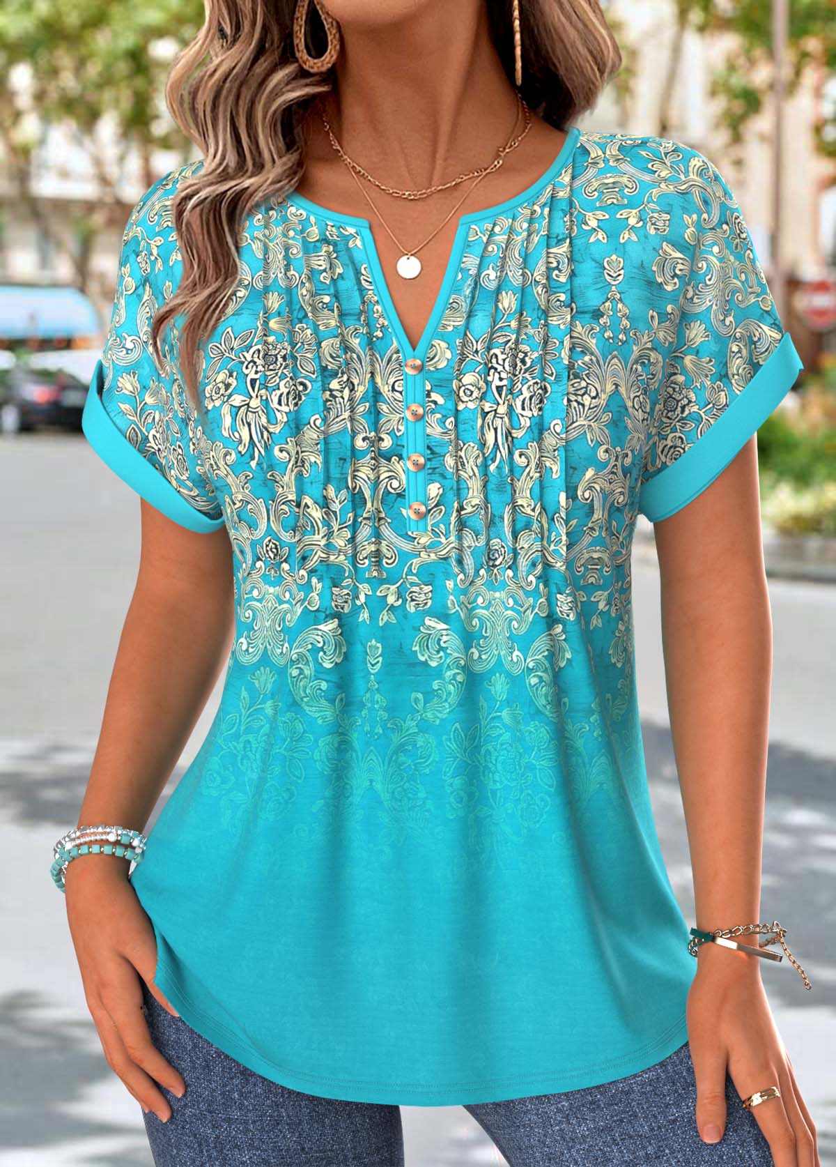 Mint Green Tribal Print Tuck Stitch T Shirt | picture 
