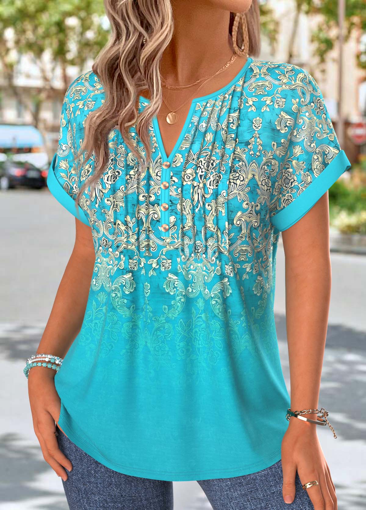 Mint Green Tribal Print Tuck Stitch T Shirt | picture 