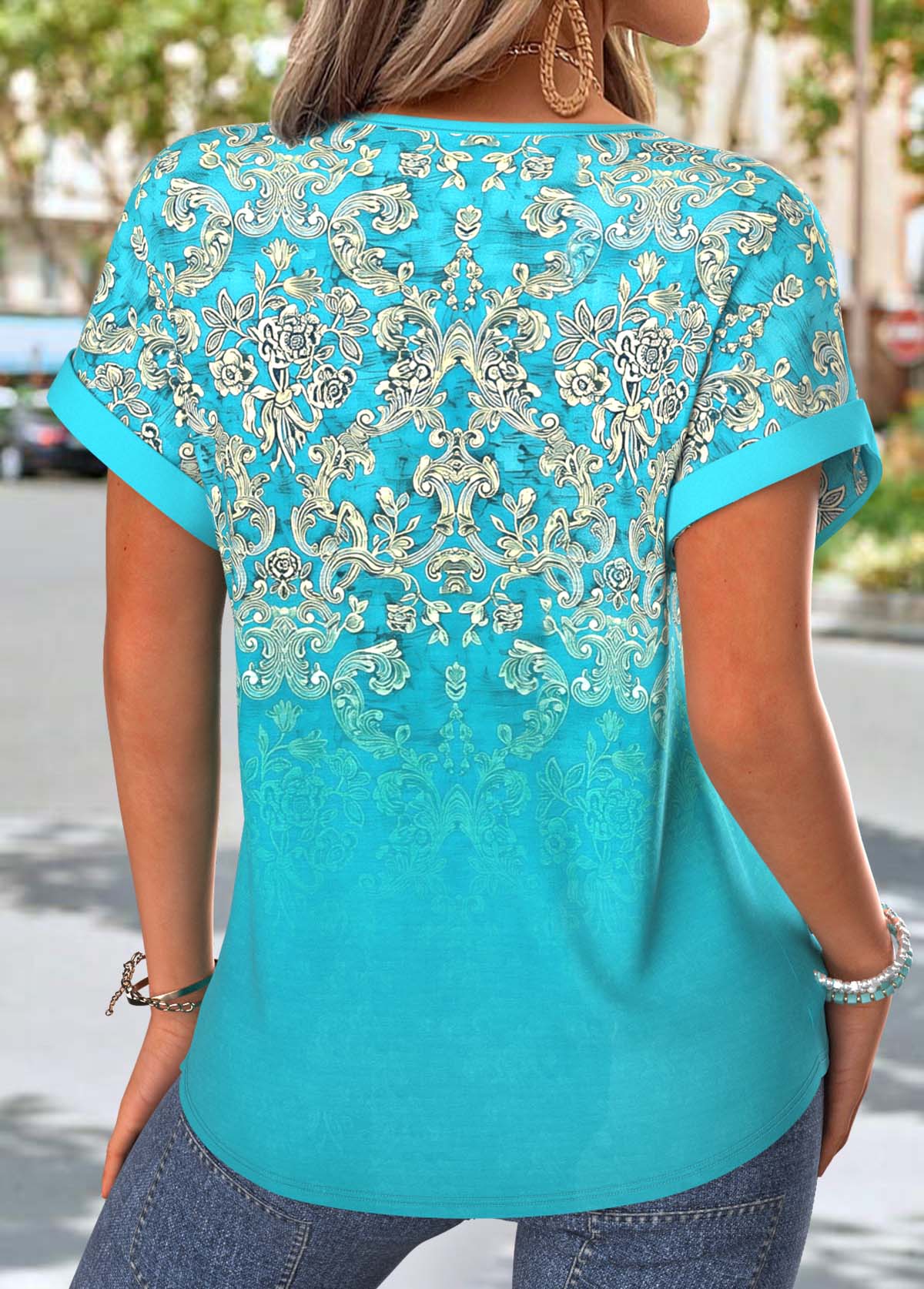 Mint Green Tribal Print Tuck Stitch T Shirt | picture 