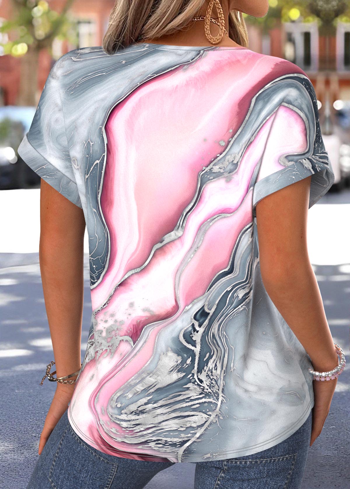 Multi Color Marble Print Tuck Stitch T Shirt | picture 