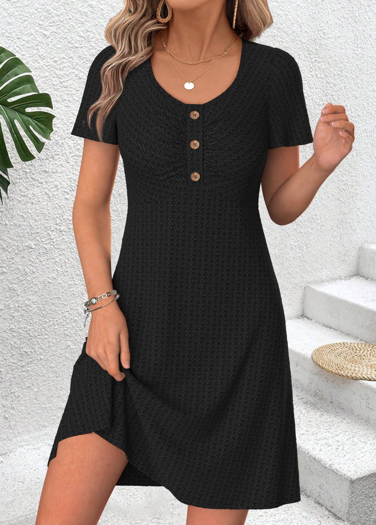 Black Short Shirred Scoop Neck Dress | picture 