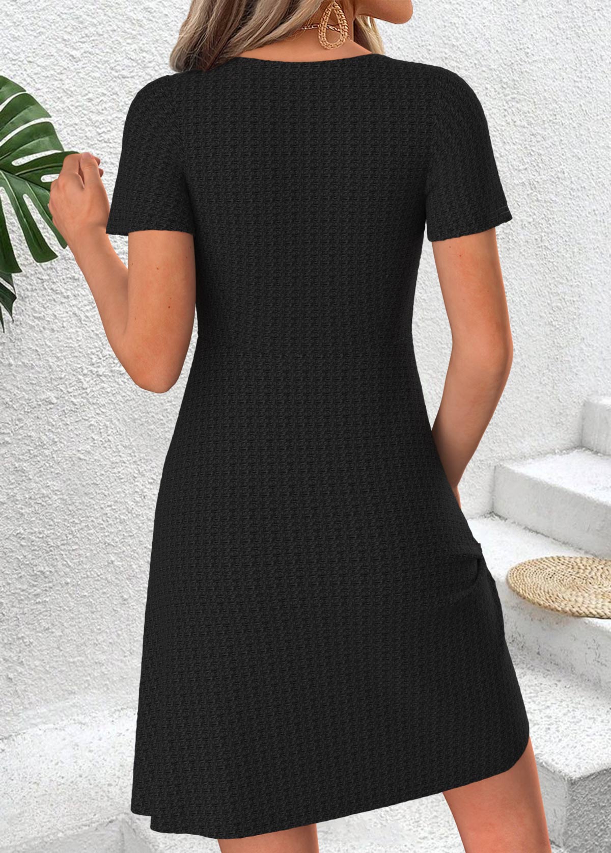 Black Short Shirred Scoop Neck Dress | picture 
