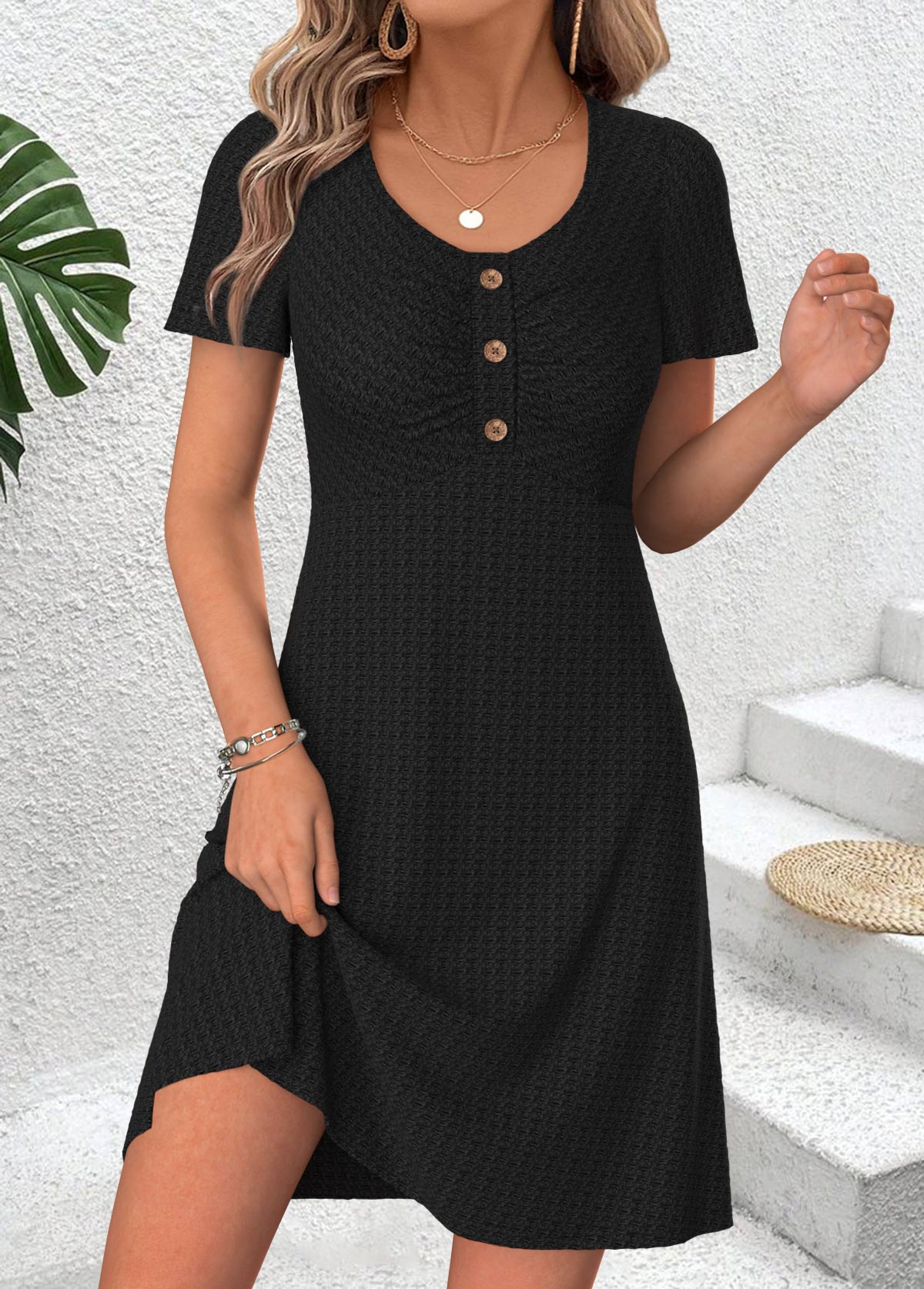 Black Short Shirred Scoop Neck Dress | picture 