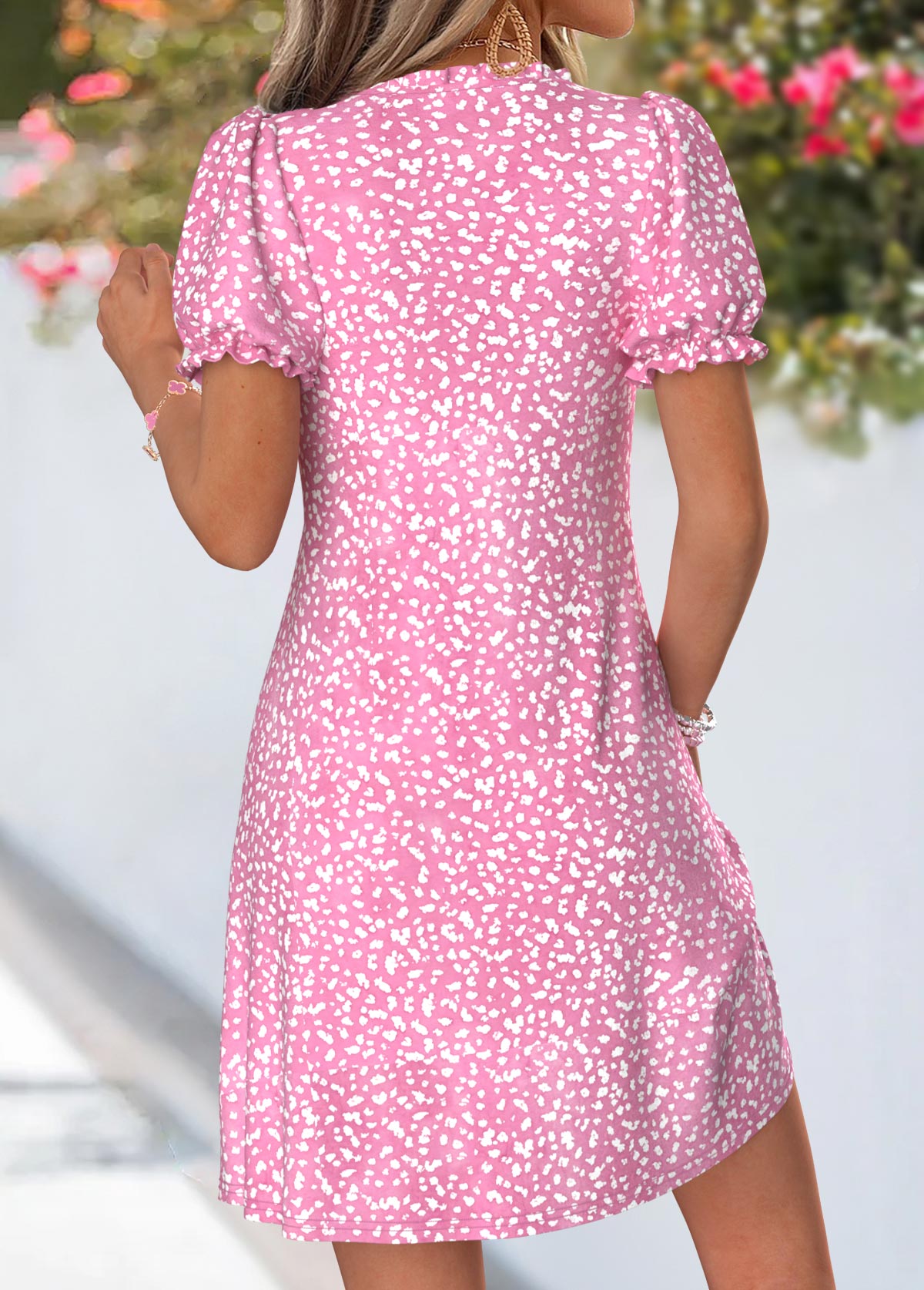 Pink Geometric Print Short Tuck Stitch V Neck Dress | picture 