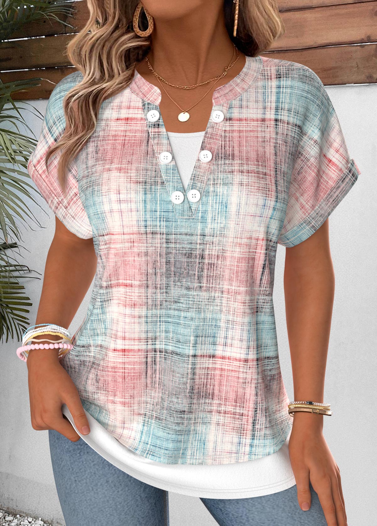 Light Pink Plaid Fake 2in1 Short Sleeve T Shirt | picture 