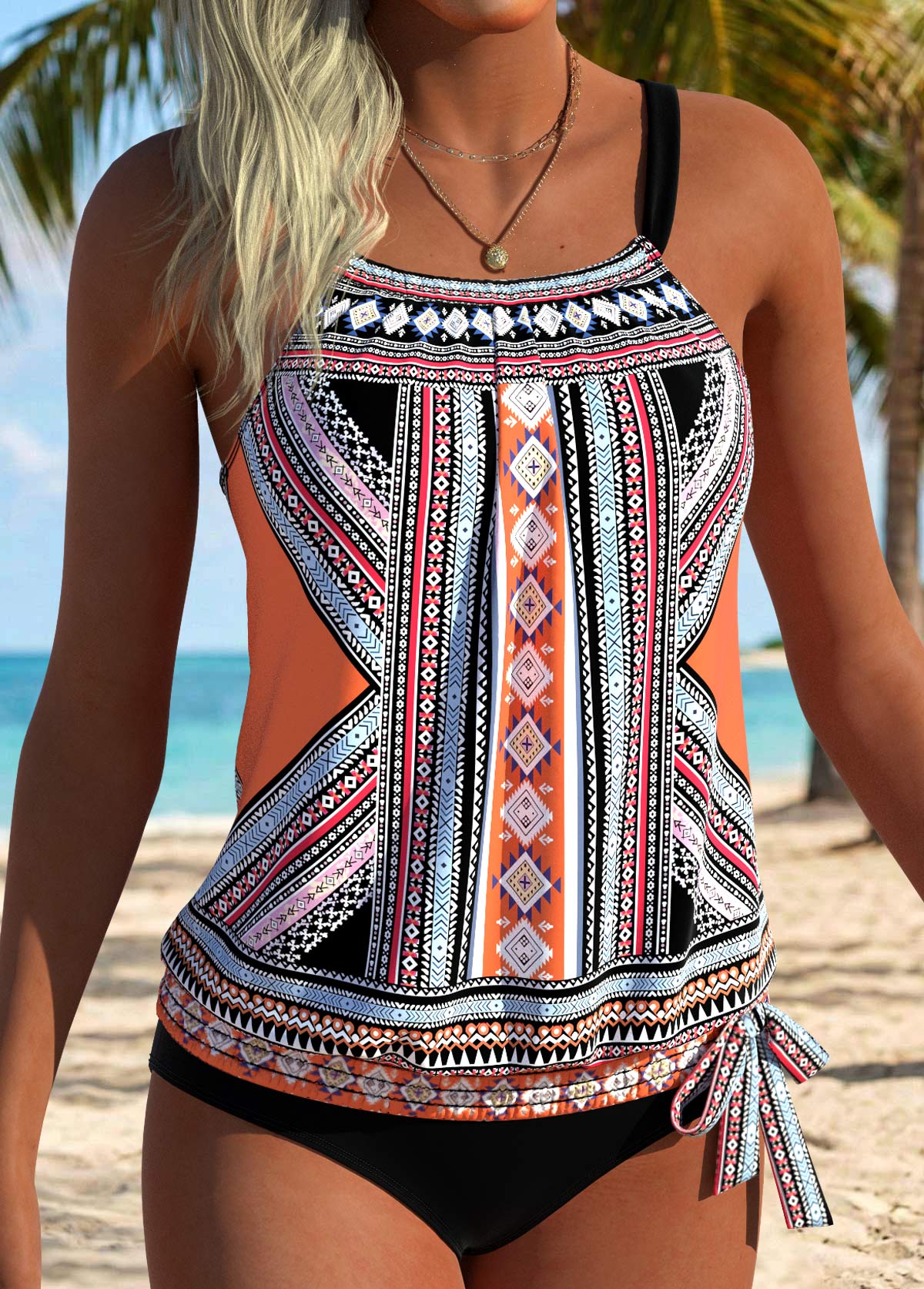Multi Color Mid Waisted Blouson Tribal Print Tankini Set | picture 