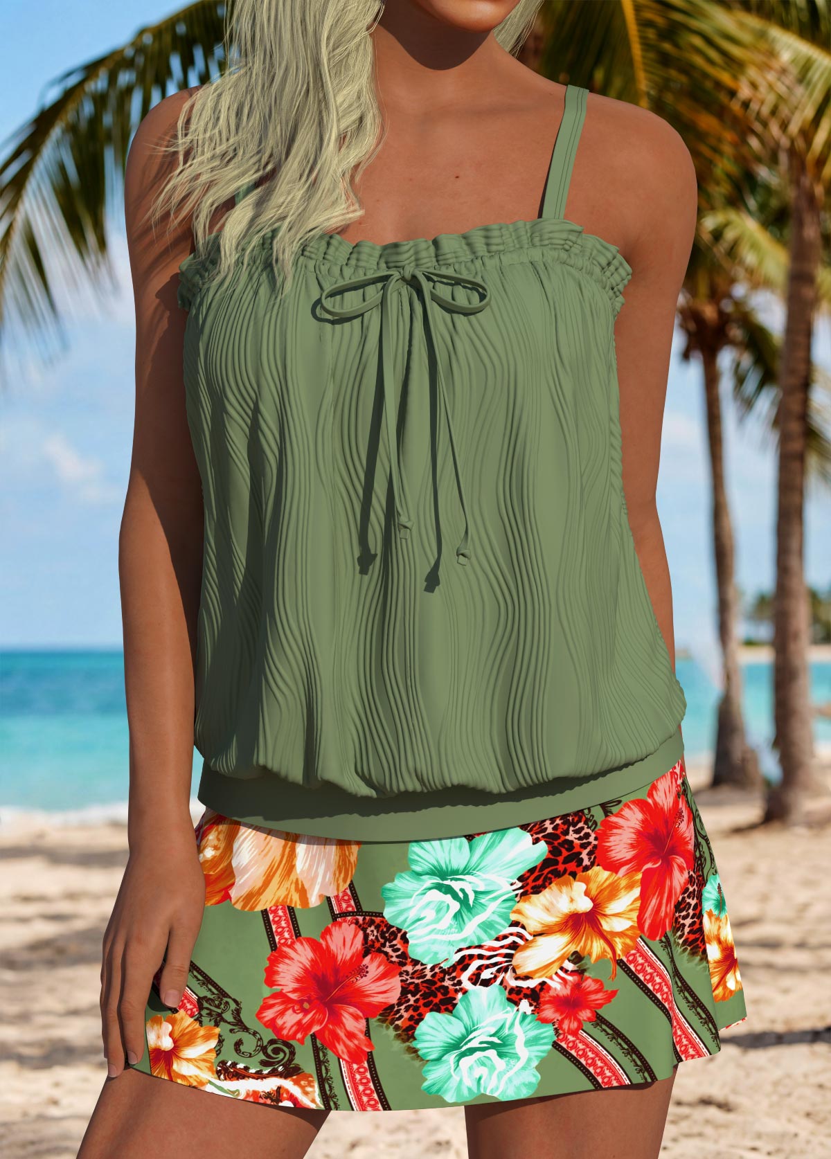Sage Green Mid Waisted Blouson Floral Print Tankini Set | picture 