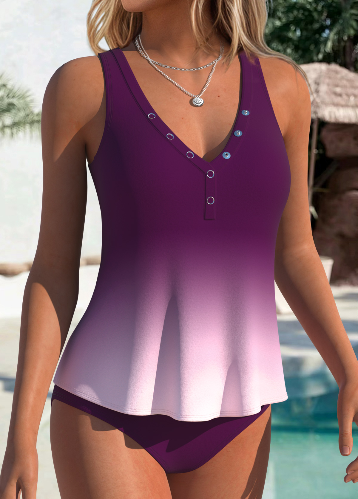 Dark Reddish Purple Mid Waisted Tummy Coverage Tankini Set | picture 