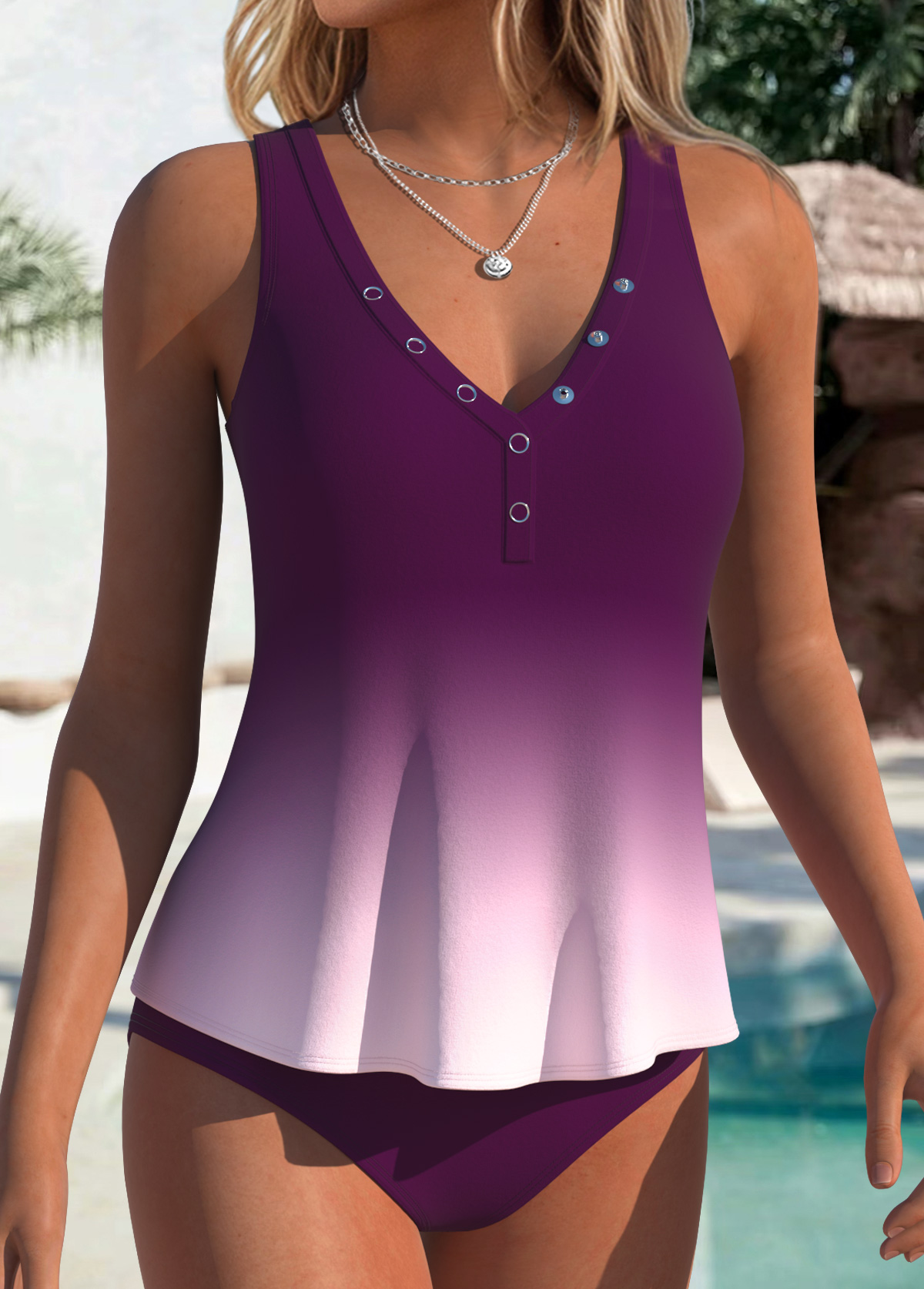 Dark Reddish Purple Mid Waisted Tummy Coverage Tankini Set | picture 