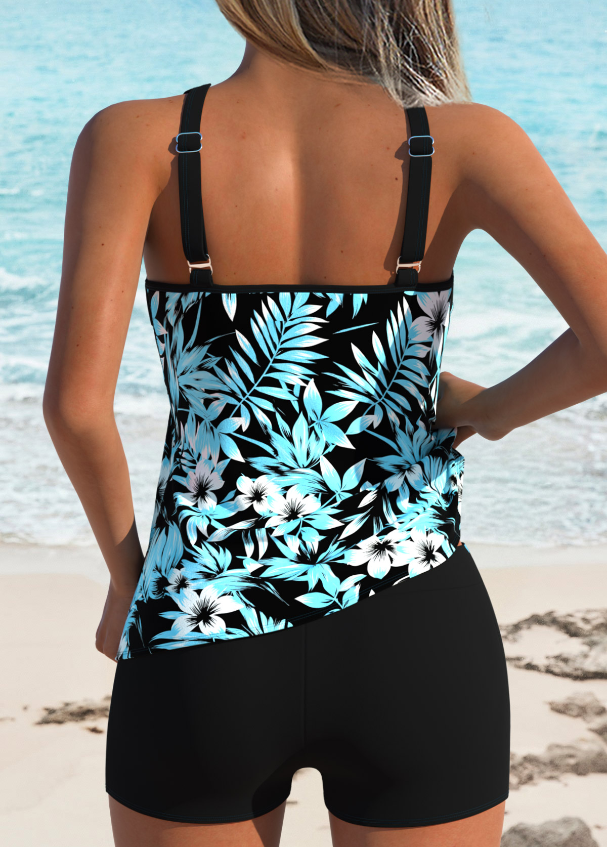 Cyan Ruched Tropical Plants Print Tankini Top-No Bottom | picture 