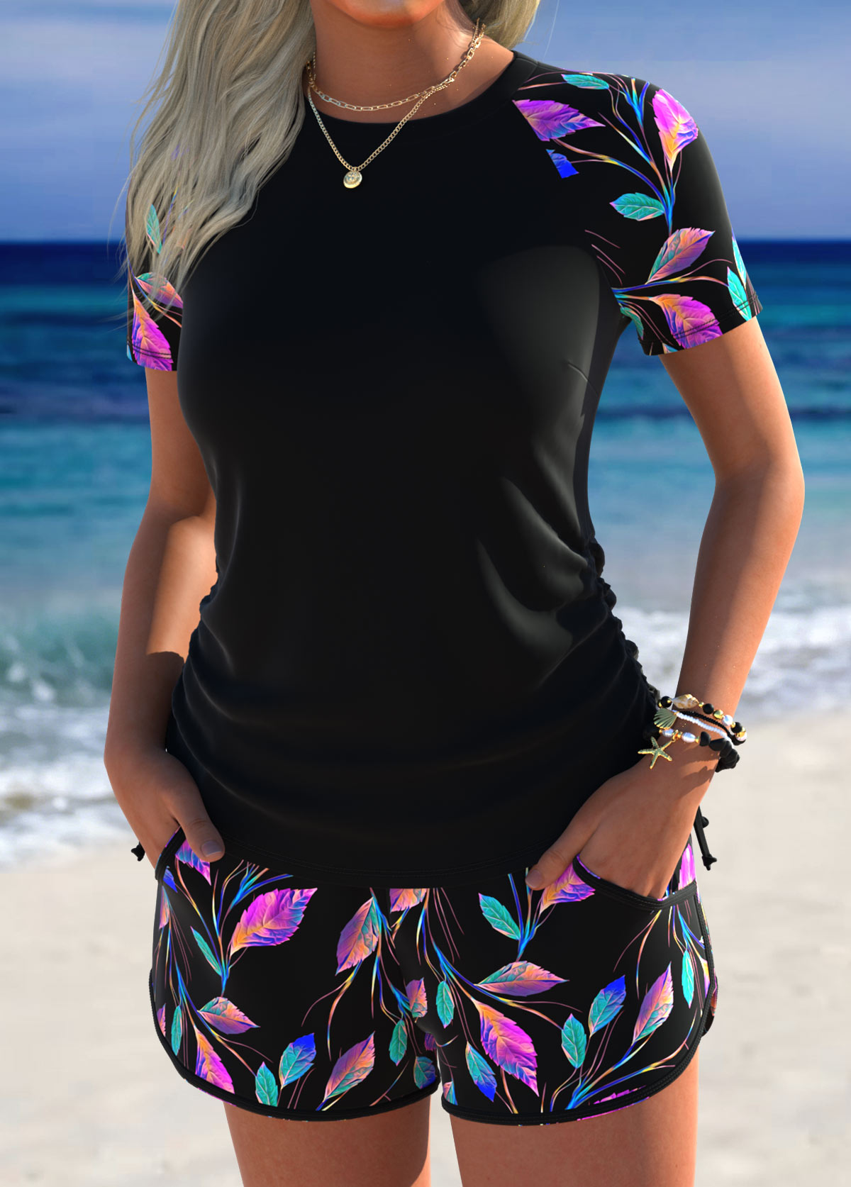 Black Mid Waisted Drawstring Leaf Print Tankini Set | picture 